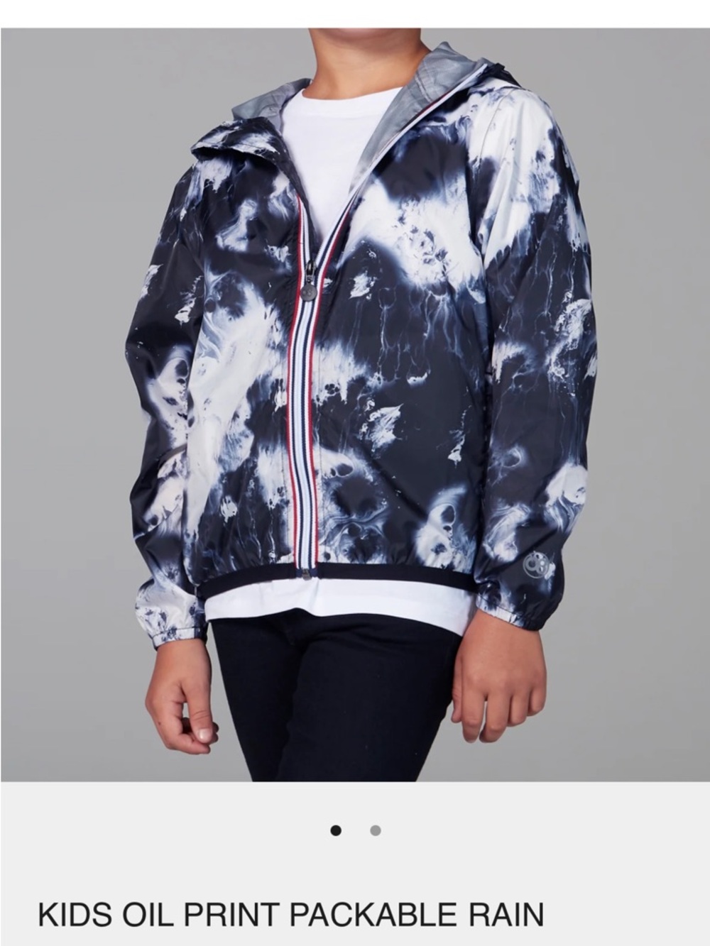 O8 Kids Oil Print Packable Rain Jacket - Blue, Black & White